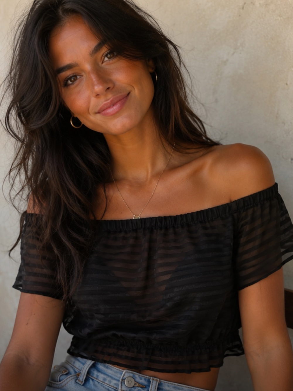 Mahee Off-Shoulder Striped Crop Top with sheer cup sleeves - Black, Size S, $30